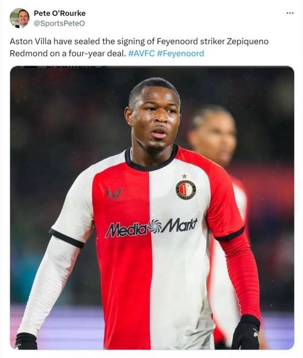 英超新星：维拉锁定荷兰锋线新锐雷德蒙德 斥资签下四年长约